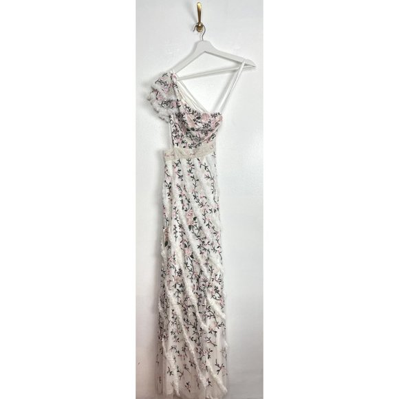 MAC DUGGAL Floral Embroidered Ruffle One-Shoulder Gown in Ivory Size US 6 - Picture 5 of 16
